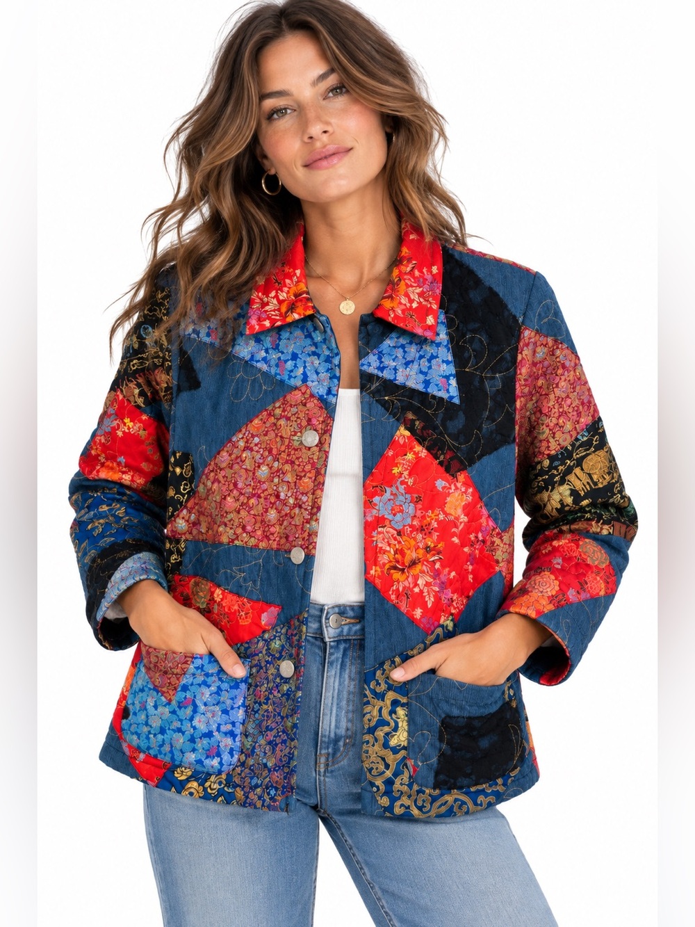 Vintage Chico’s Design Patchwork Jacket Quilted Brocade Denim Asian Boho Artwear